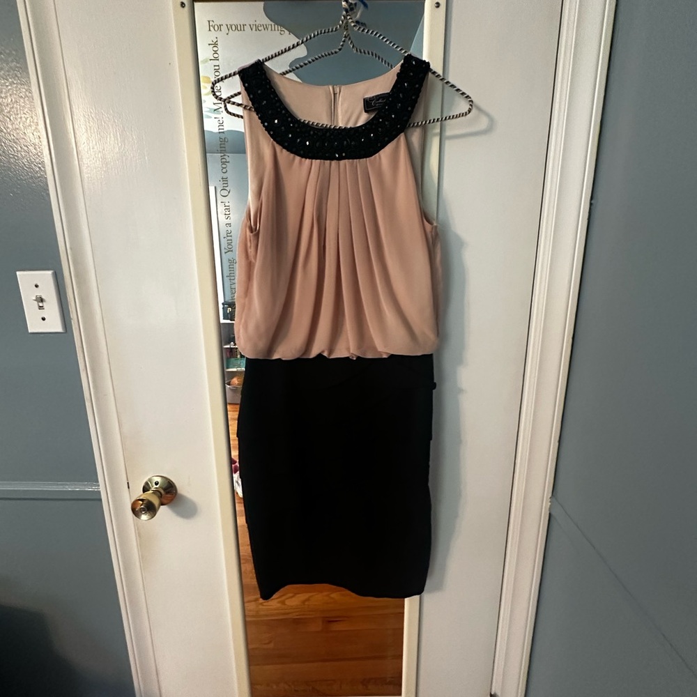 Elegant Tan and Black Dress with Beaded Neckline